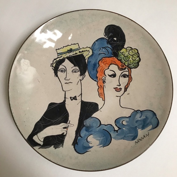 Enamel on Copper Plate Man Showgirl 1900’s Couple SIGNED 5” Mid Century Dish - Picture 10 of 10